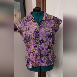 Angelique XL Purple & Green Batik Button Up Blouse